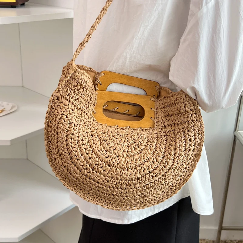 

2023 Summer Wood Handle Women Handbag Saddle Crossbody Shoulder Bag Large Capacity Rattan Straw Bags Lady Woven Summer Beach Bag