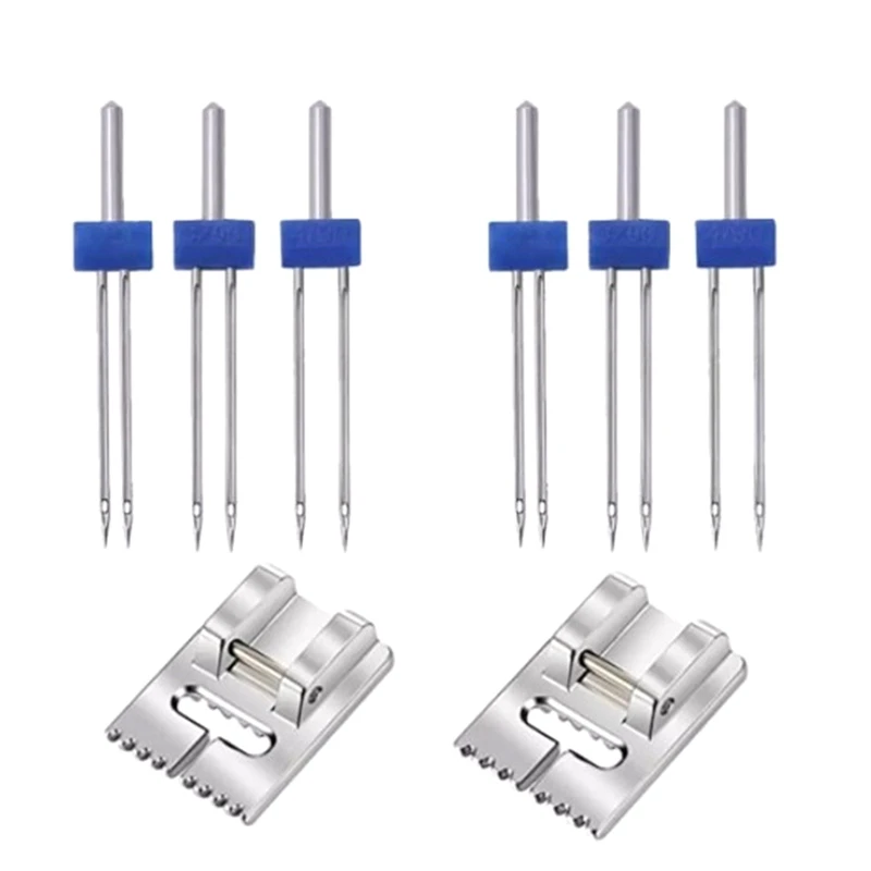 

6Pack Double Twin Needles Wrinkled Needle With 2 PCS 9 Groove Pintuck Presser Foot For Sewing Machine Accessories 5FM