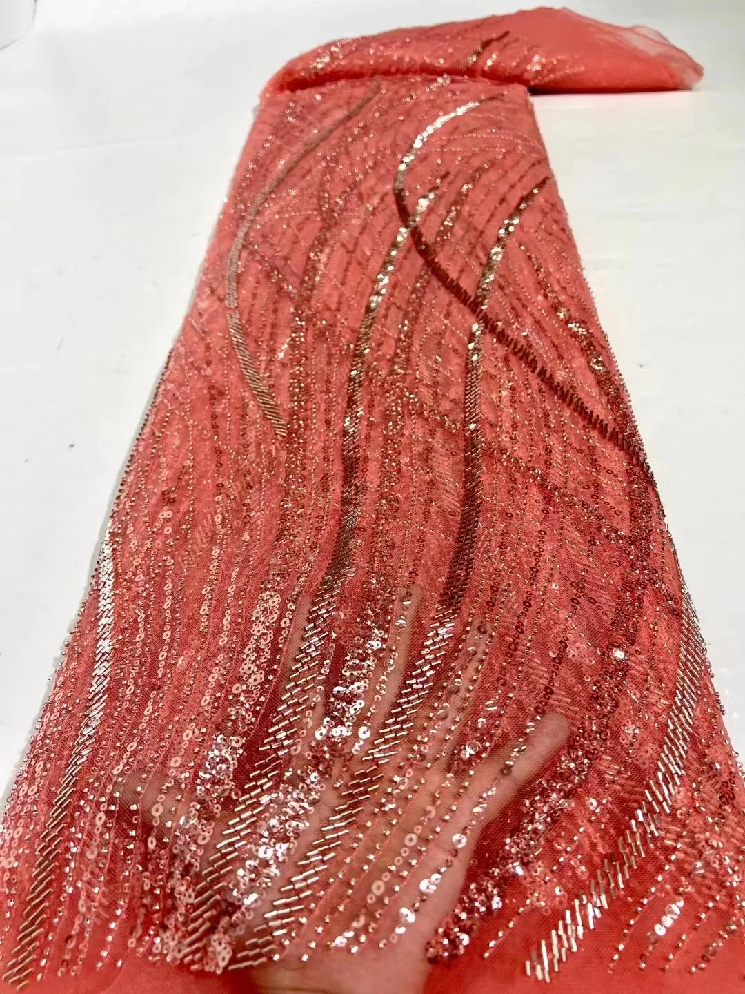 

Luxury Handmade Nigeria Embroidery Sequence Beaded Lace High Quality Africa French Tulle Sequins Lace Fabric For Party QF0157