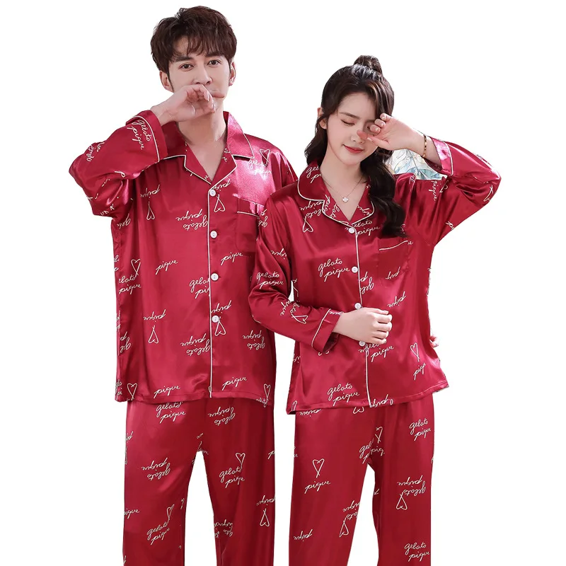 

Атласная пижама с надписью для пары, красная домашняя одежда для женщин и мужчин, одежда для сна с длинным рукавом, домашняя одежда с отложным воротником, женская пижама
