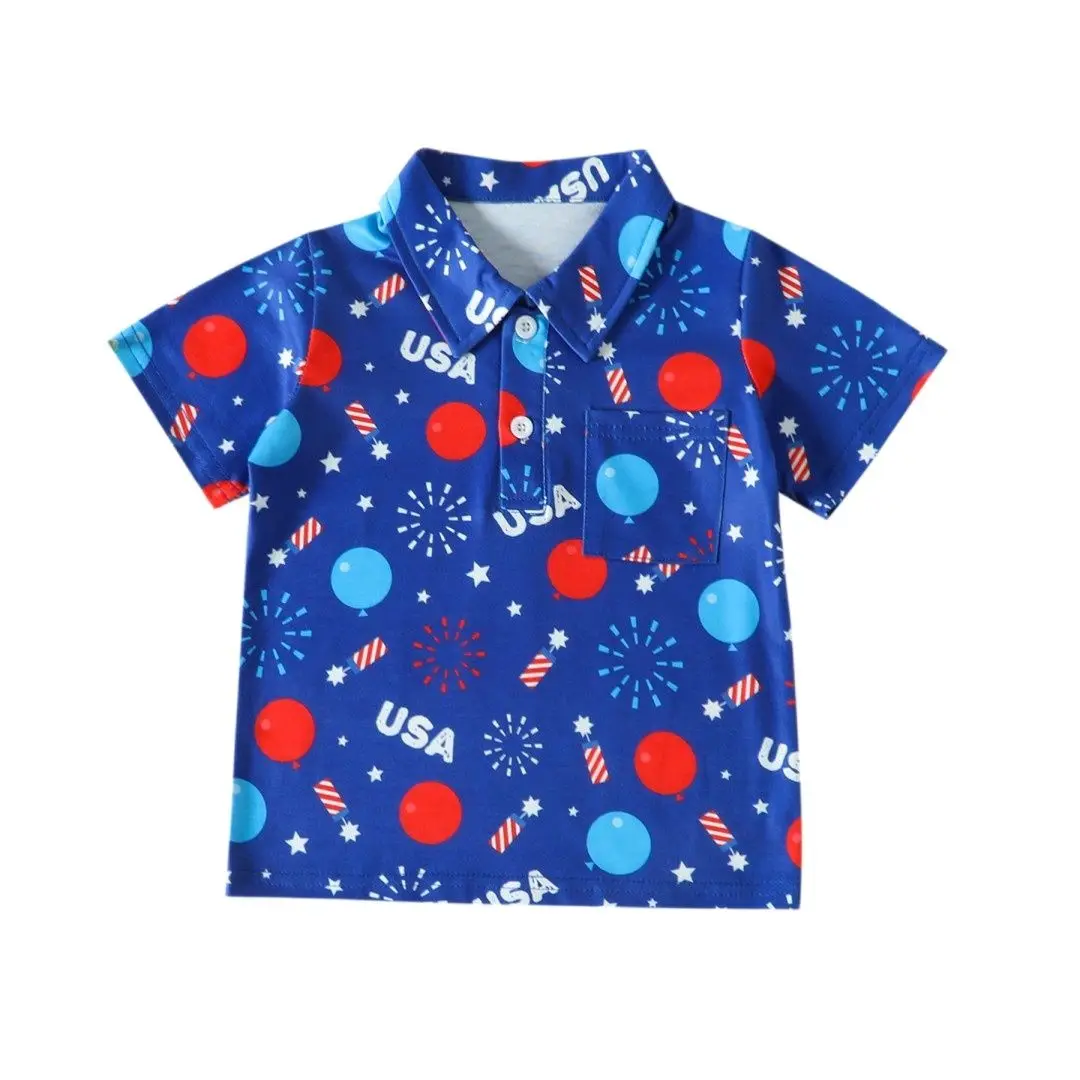 

Independence Day 4th of July Summer Boutique Boys Blue Short Sleeve Shirt Kids Clothes Wholesale