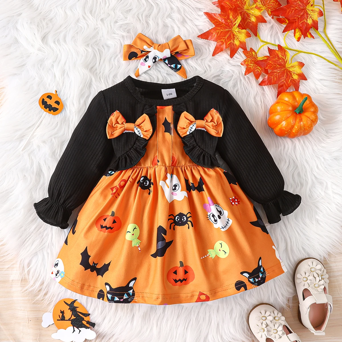

PatPat Halloween 2pcs Baby Girl Faux-two Long-sleeve Rib Knit Spliced Allover Print Bow Front Dress with Headband Set