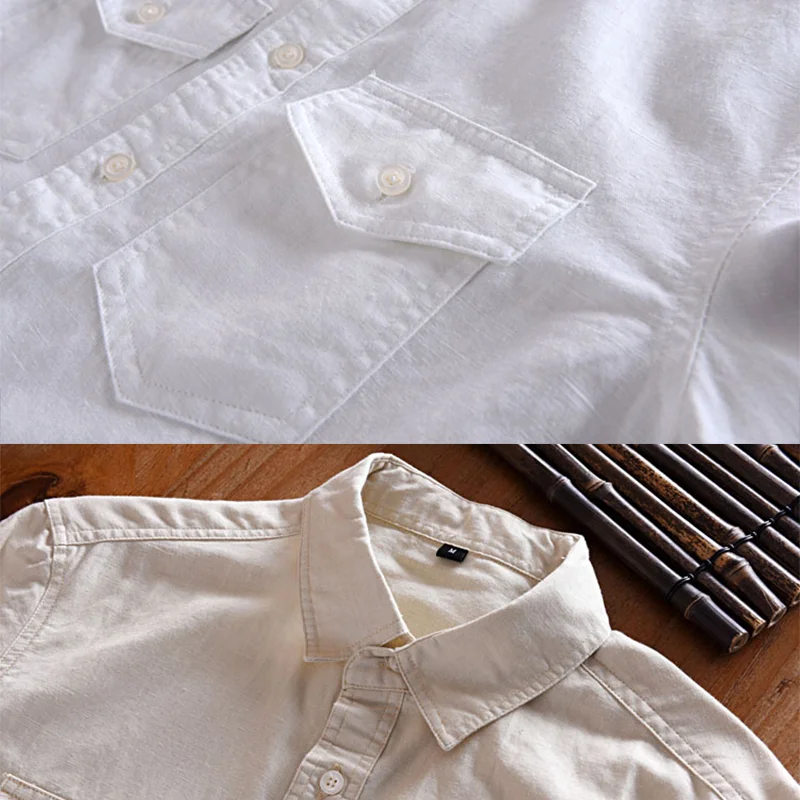 Helisopus Cotton Linen Shirts Mens Long Sleeve Casual White Shirt with Pocket Male Classic Hemp Shirts Camisa Masculina