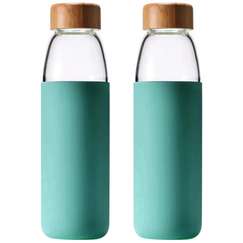 

2X 500 Ml Simple Design Of Bamboo Cover Glass Water Bottle with Bamboo Lid and Silicone Protective Sleeve-Bpa Free