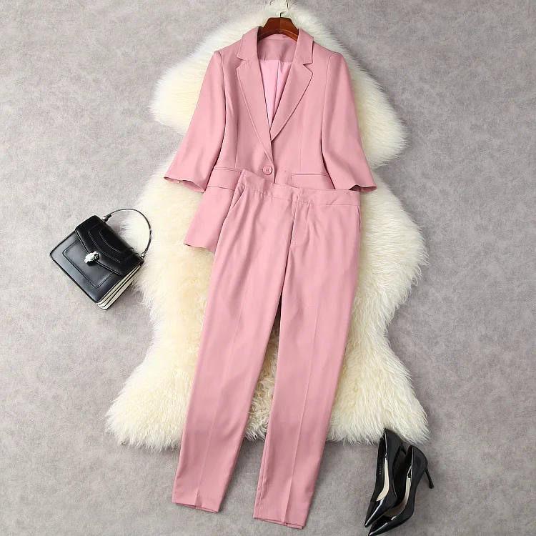 

European and American women's wear spring 2022 new A coat with three-quarter sleeves 7 minutes of pants fashion The pink suit
