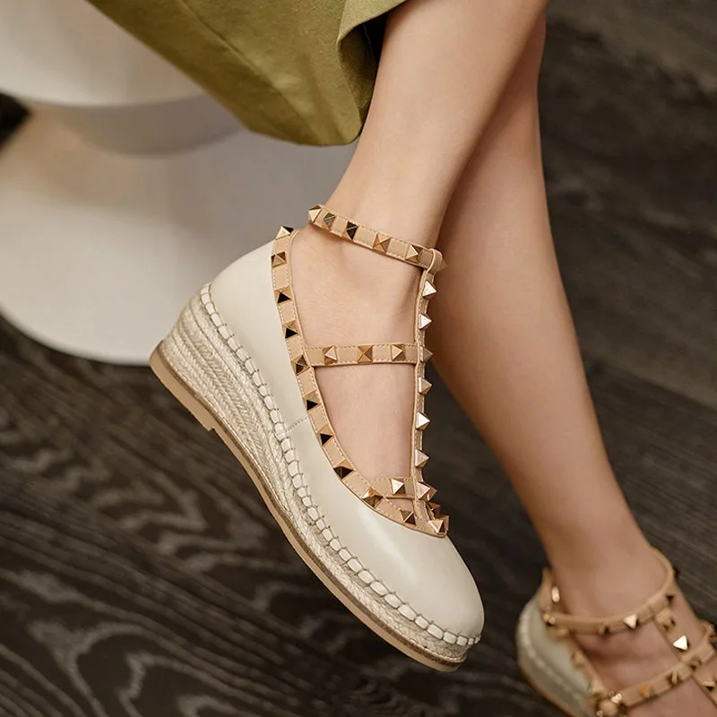 

Riveted straw braid platform single shoes spring leather wedge thong Mary Jane shoes apricot medium heels women's shoes