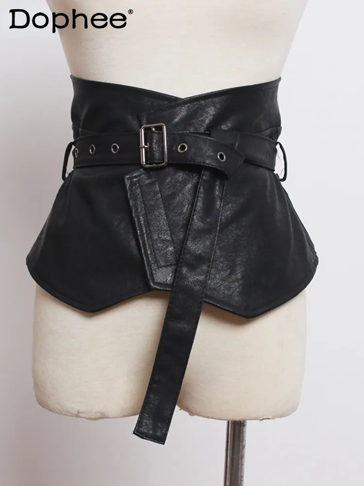 Fashion Bandage Slim Black PU Leather Widening Slim Belt Women's Coat Versatile Decoration Female 2023 Spring New