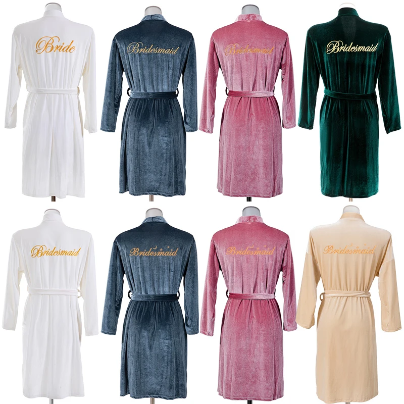 Bridal Gold Velvet Robe Bathrobe Dressing Gown Ladies Nightgown Wedding Bridesmaid Robes Pink Velvet Bathrobe