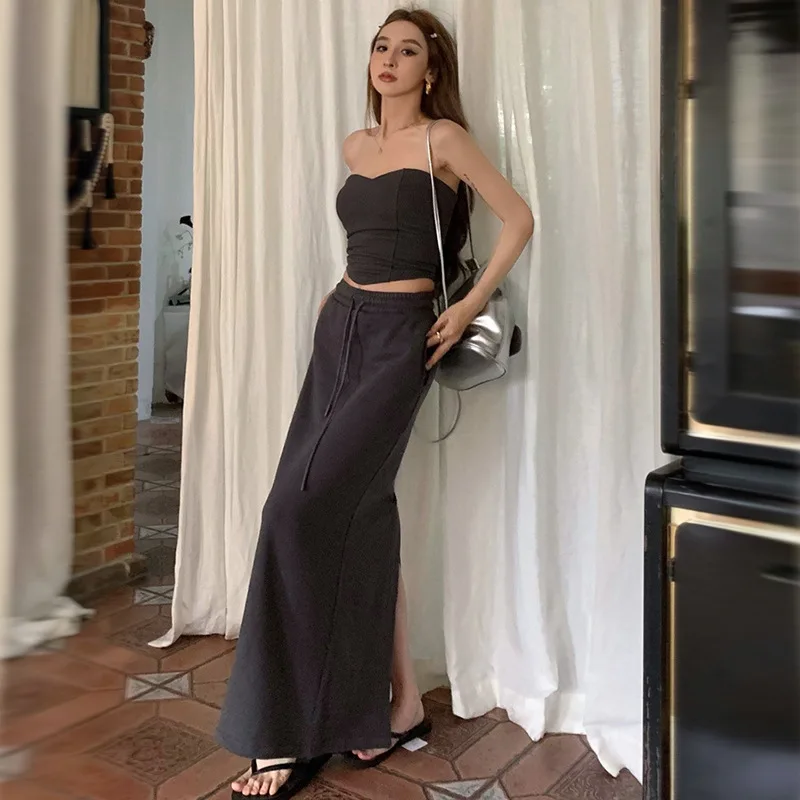 

Женская модная жилет с кулиской юбка, однотонный костюм, короткий топ без рукавов, юбка с разрезом, комплект из 2 предметов, весна 2023, элегантные наряды для отдыха