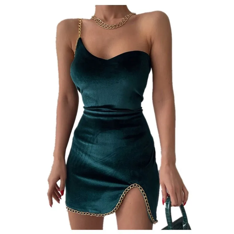 

Модный сексуальный наряд для женщин, новое летнее платье с разрезом, бархатное платье на одно плечо с открытой спиной и цепочкой, двойное об...
