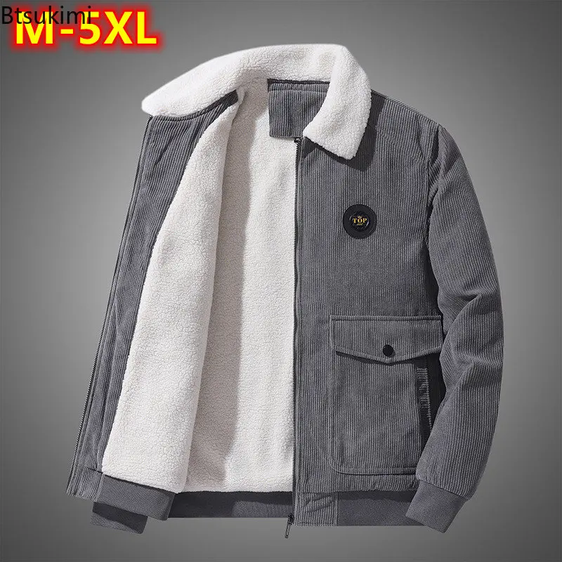 2023 Autumn Winter Men's Fleece Warm Thick Jackets Fur Collar Corduroy Coat Men Autumn Outwear Military Casual Jacket Men 5XL