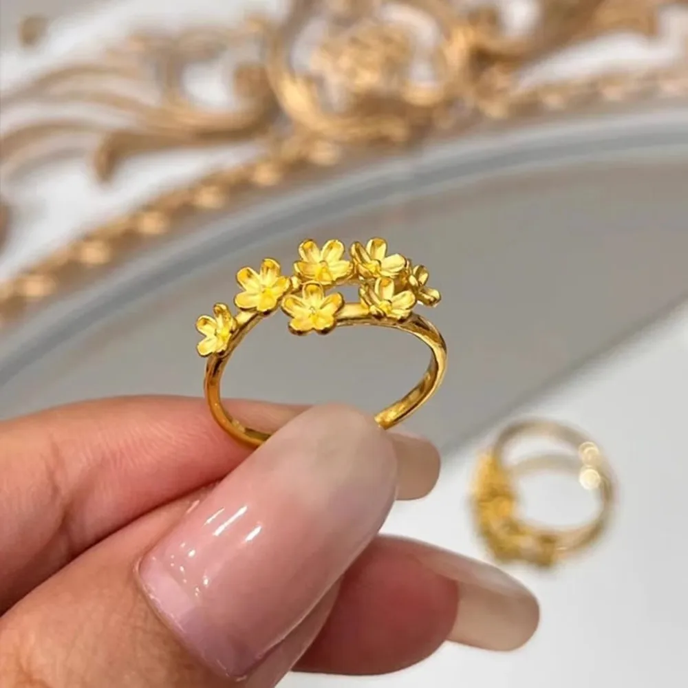 

Pure 999 24K Yellow Gold Band Men Women Lucky Gift Many Small Flower Open Ring 2.6-2.7g