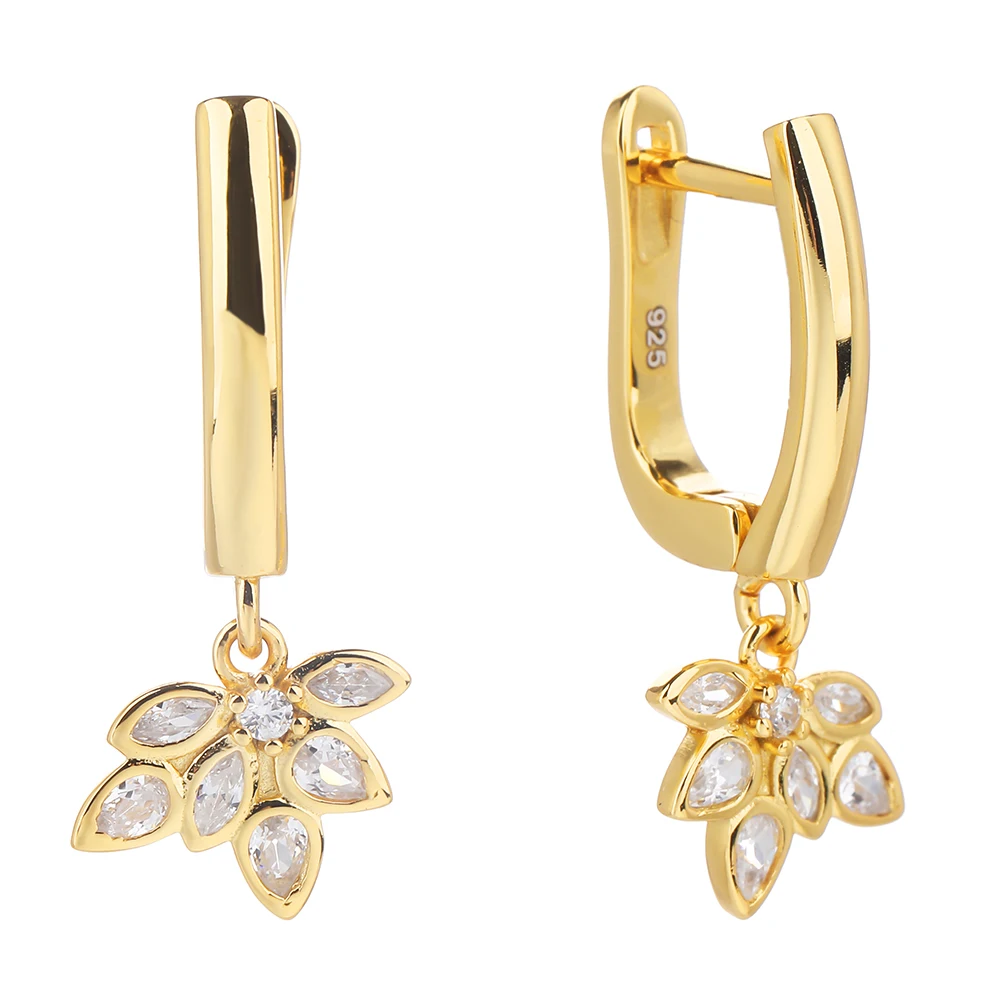 Poulisa Zircon Leaves Hoop Drop Dangle Earrings 925 Sterling Silver 18K Gold Plated Drops Earring Cubic Zirconia Hoops Ear Rings