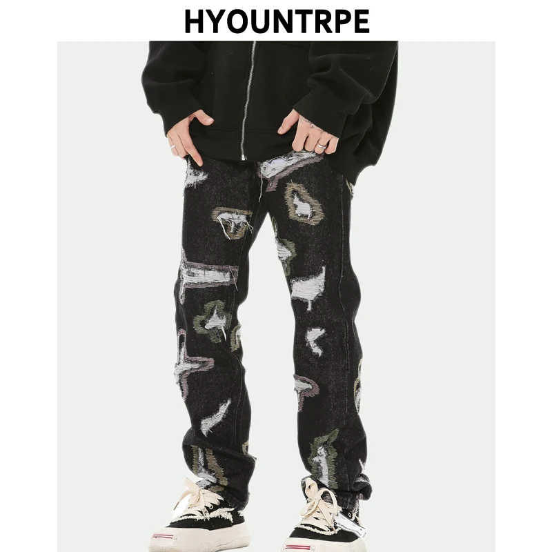 Harajuku Destroy Ripped Holes Denim Jeans Mens Zipper Jeans Hip Hop Fashion Streetwear New Casual Straight Joggers Jean Pants