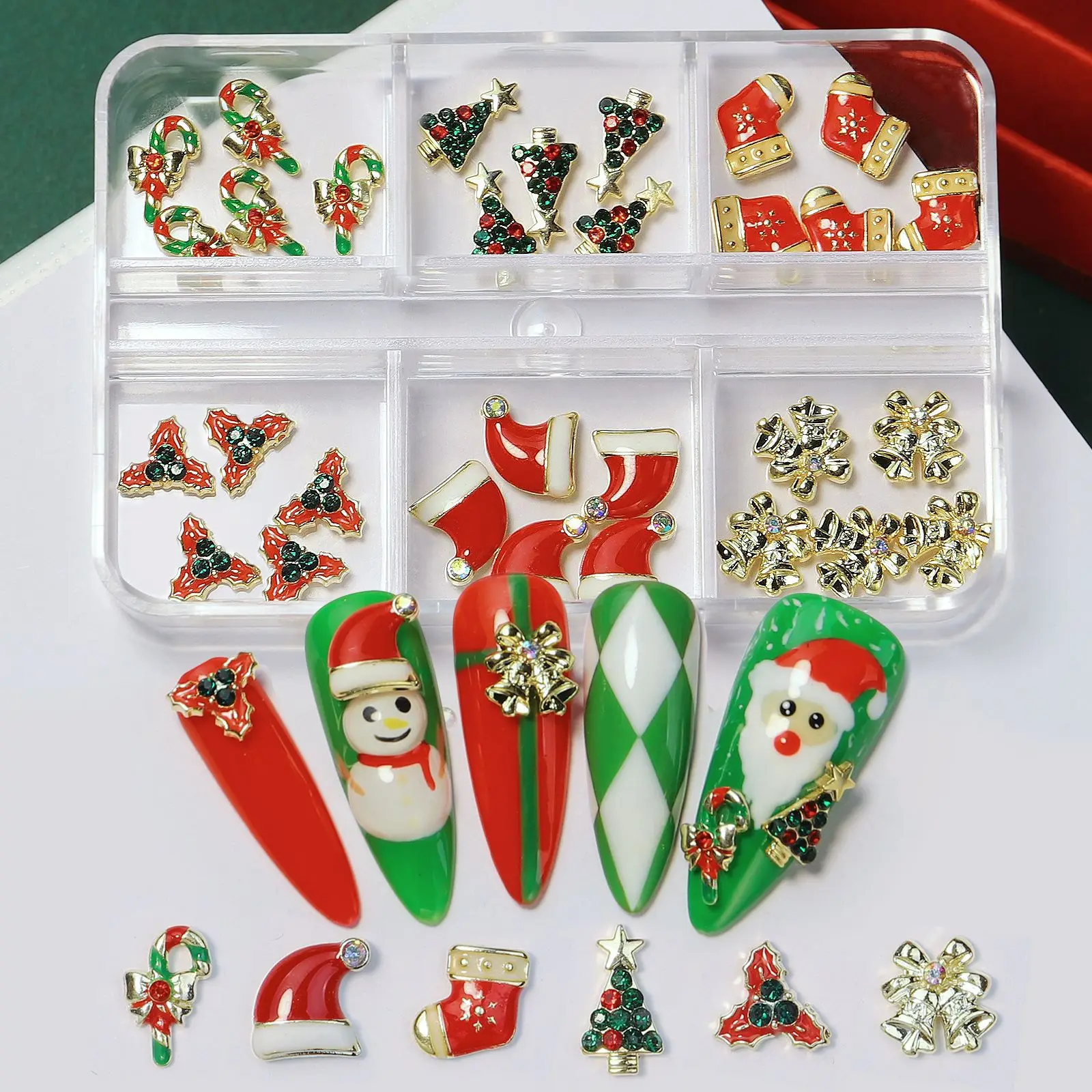

6 Grid Christmas Tree sock snowflake Nail Art Decorations Metal Tree sock Snowflake Nail Rhinestones DIY 3D Snowman Nail Jewelry