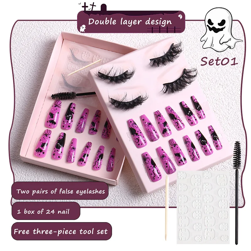 

Halloween False Eyelashes Suit with Nail Patches Brush 2 Pairs Thick Faux Mink Eye Lash Extension Set Makeup Beauty Tool Kit