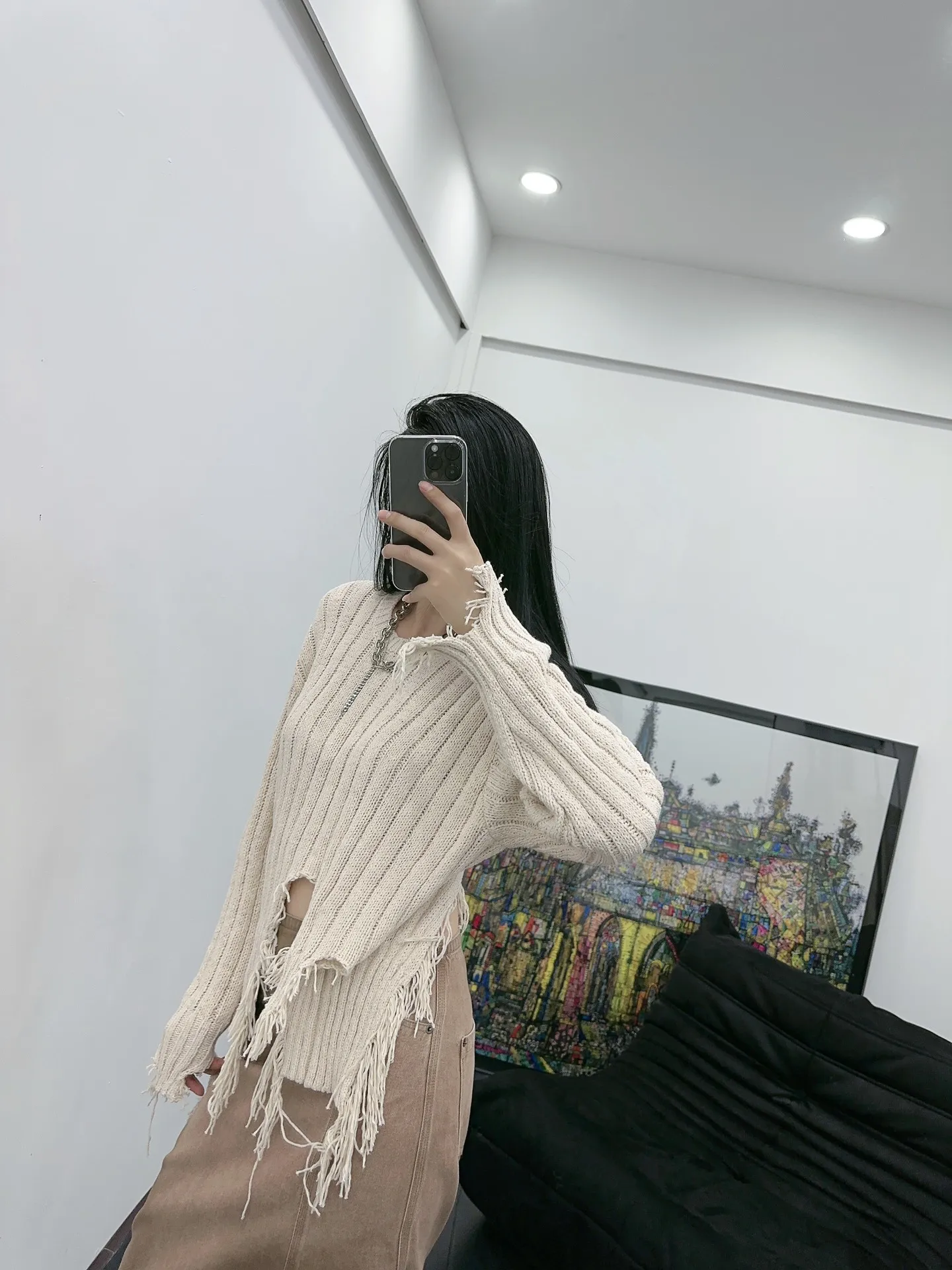 

Осень/Зима 2023, модная новинка, женская одежда, свитер с рваными бахромой 0916