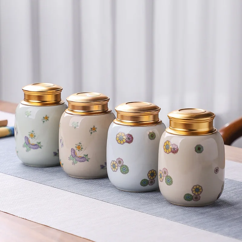 

Painted Flower Ceramic Tea Can with Metal Lid Portable Airtight Jar Candy Coffee Bean Storage Box Porcelain Craft Home Decor New