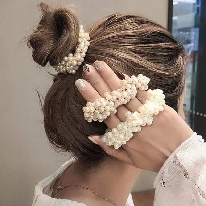 

Hot Selling High Elastic Crystal Pearl Hair Circle Simple And Versatile Binding Rubber Band Headdress Woven Women Hair