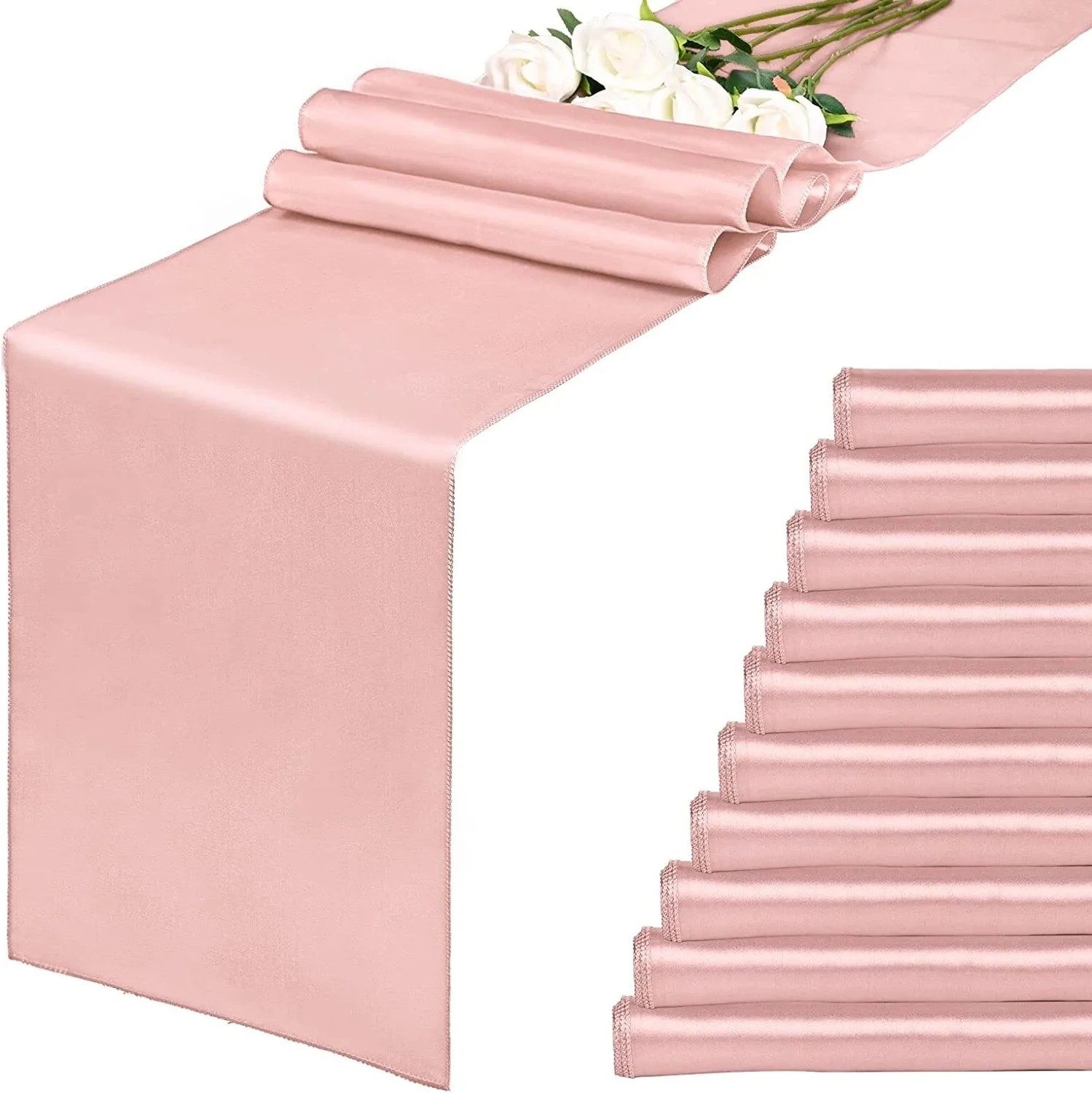 

10PCS Satin Table Runners Rose Gold Wedding Satin Silk Table Runner Chair Sashes for Banquets Party Bright Dining Table Decor