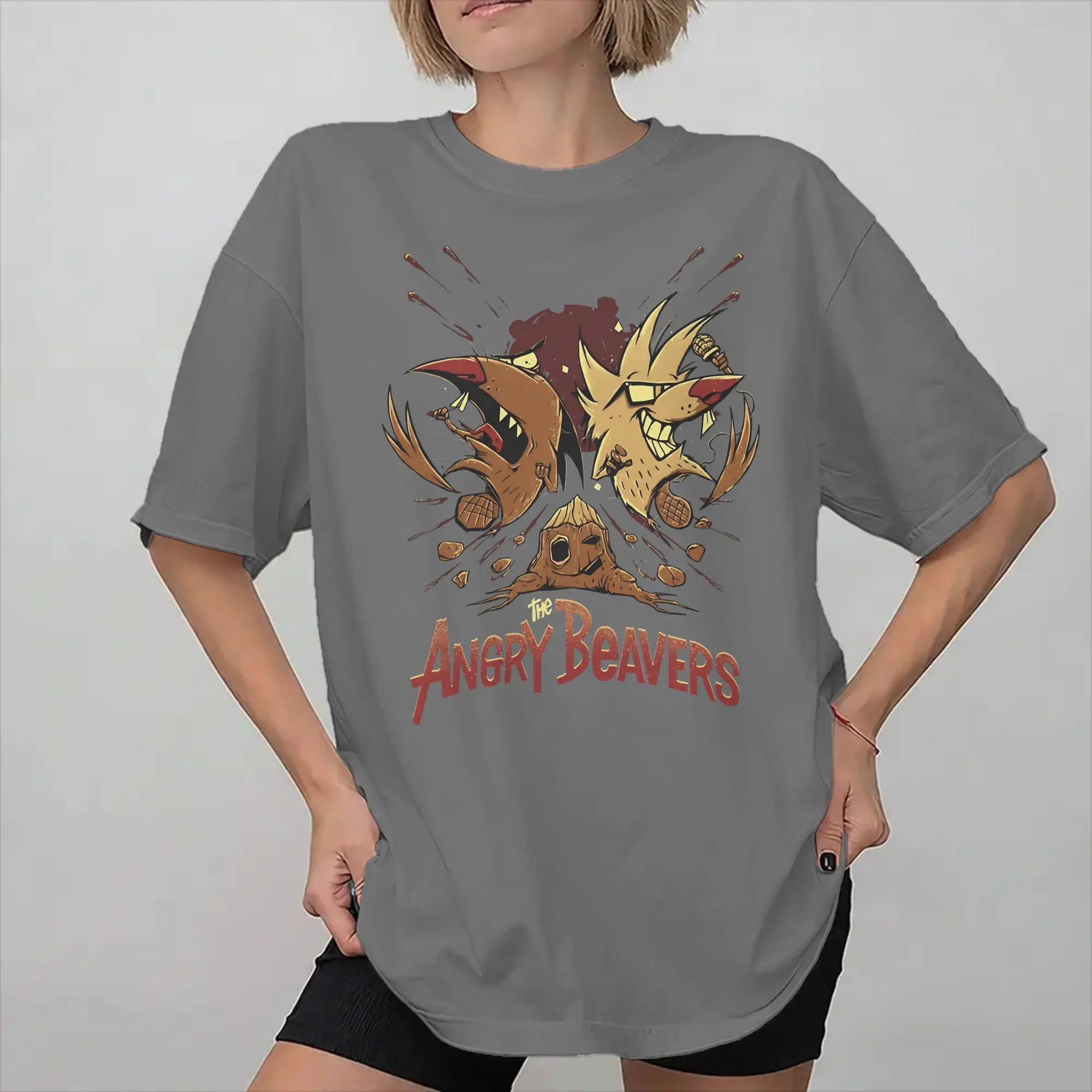 Фото Футболка с графическим принтом Angry Beavers Daggett & Norbert Feverish для мужчин и женщин, хлопковая, с коротким рукавом. №1