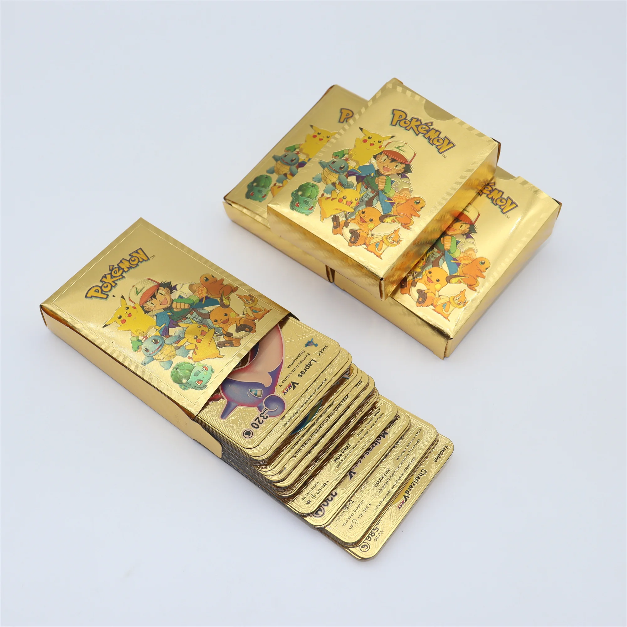

55pcs Pokemon Metal Game Gold Card Box Golden Letters Spanish/English Playing Cards Metalicas Charizard Vmax Gx Collection Game
