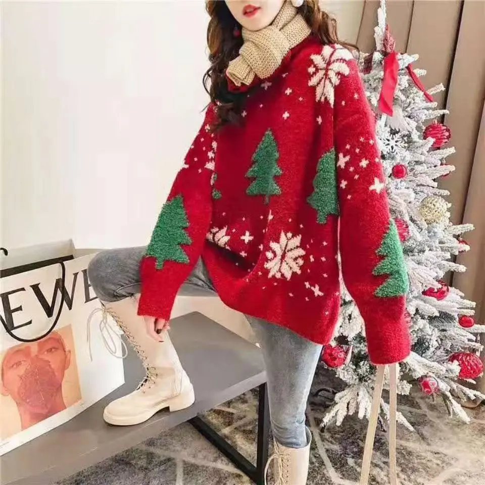 

Dropshipping Japanese Christmas Sweater Cartoon Deer Knitted Sweater Women O Neck Casual England Style Pullovers Winter Jumpers