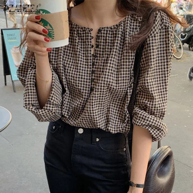 

2022 ZANZEA Women Spring Long Sleeve O Neck Blouse Vintage Loose Printed Elegant Chemise Casual Casual Plaid Fashion Shirt