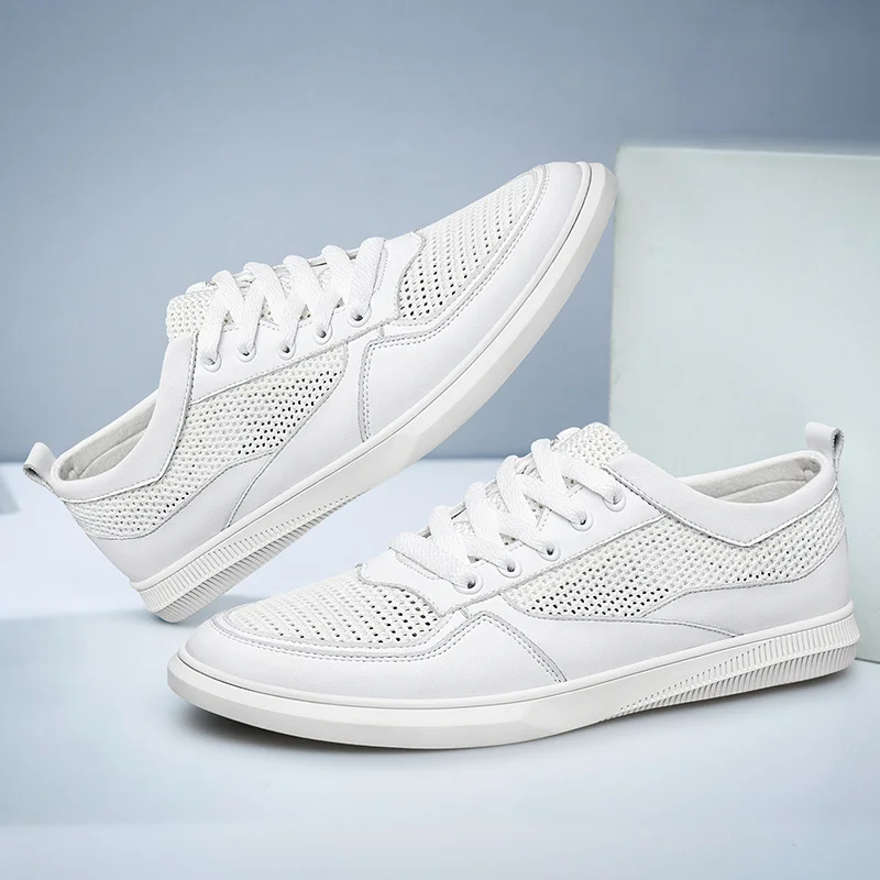 

Leather Genuine Shoes Men Sneakers Breathable Cow Leather Mens Casual Shoes Hollow Out Mesh Young Man Black White Male Footwear