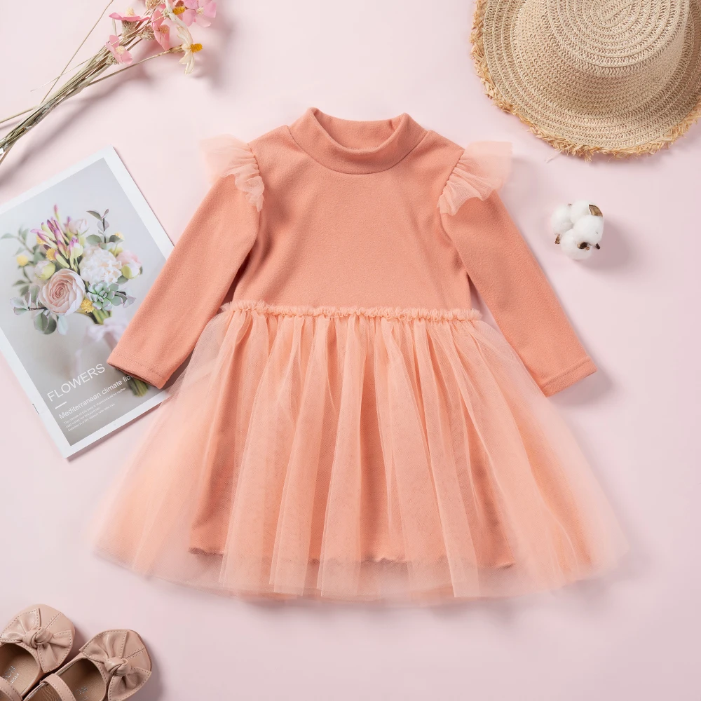 

Autumn New Girls Dress Long Sleeve Stitching Mesh Dress Sweet Princess Party Birthday Dresses Solid Casual Flower Girl Dresses