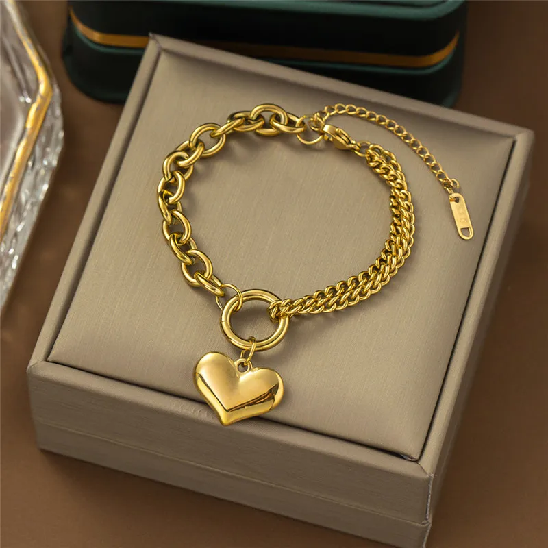 

316L Stainless Steel Cuban Chain Double Layer Splicing Love Women's Bracelet Hip-hop Jewelry