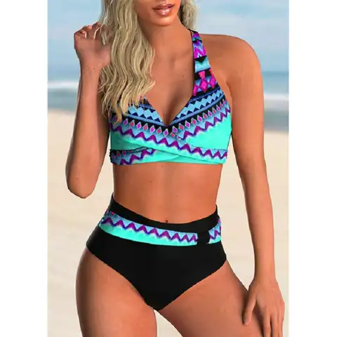 Women Sexy Bikini Set Two Pieces Swimsuit Fashion Push Up Floral Printed Split Swimsuit Bikini Suit Female Beach Halter Swimwear