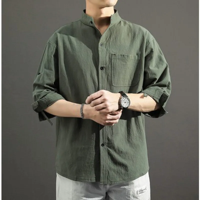 

2022 New Summer Linen Shirt Three-quarter Sleeve Men's Japanese Casual Loose Collar Cotton and Linen Shirt Trend Men's Clothing
