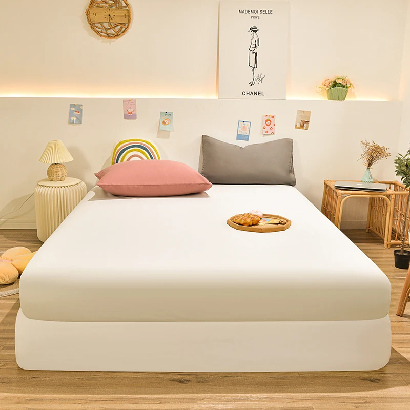 

Washed Cotton Fitted Sheet Protective Mattress Cover Anti-slip Single Queen King Solid Colour Bedspreads Available In All Season