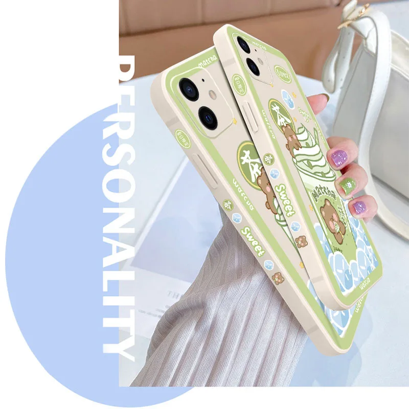 Силиконовый мягкий чехол для iPhone 7 8 Plus 14 Pro Max милый с мишкой маття мороженым 13 11 12 X
