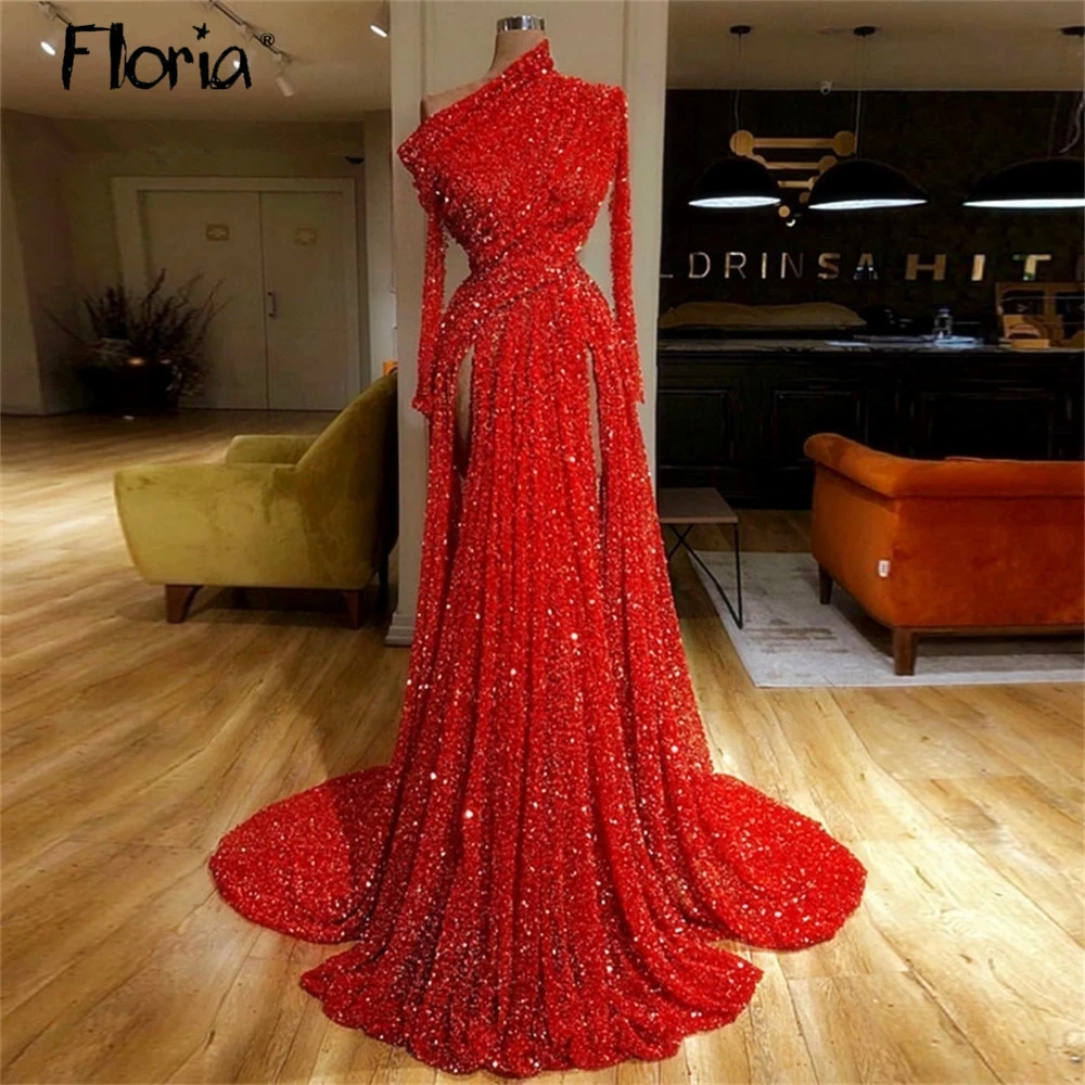 

Floria Muslim Arabic Long SLeeve Red Sparkly Evening Dress Custom Made Pageant Party Celebrity Dresses Aso Ebi Wedding Gowns
