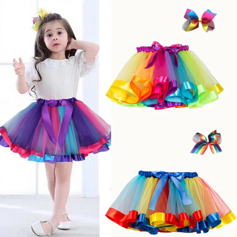 

2-8 Years Old Rainbow Girl Kids Party Tulle Bowknot Fluffy Colorful Multicolor Princess Tutu Skirt Children's Skirt