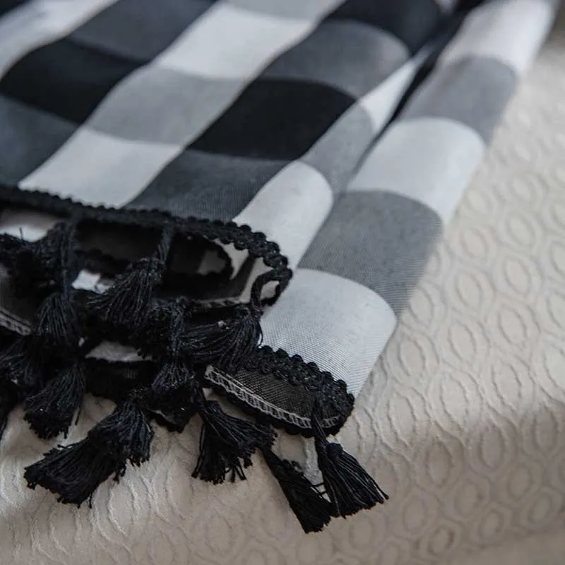 Хлопково-льняная американская клетчатая занавеска толстая с кисточками шторы