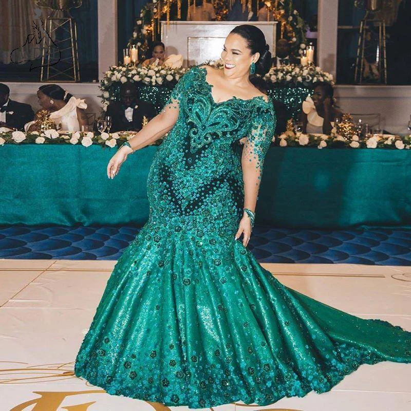 

Floral Mermaid Prom Dresses Emerald Green Evening Gowns Major Bead Luxury Formal Dress Maxi Sequins Full Sleeve robe de soiree