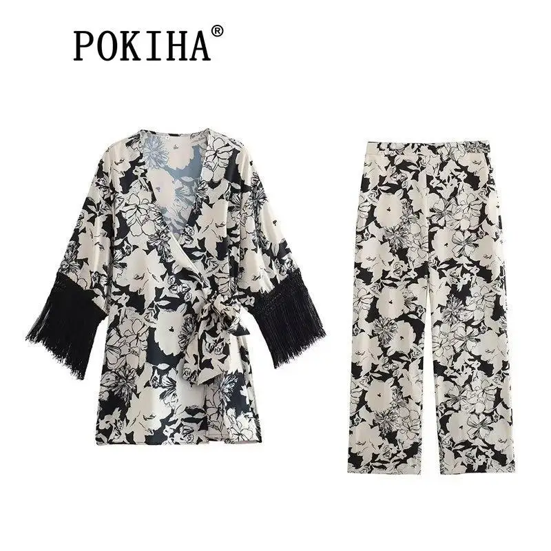 

Pokiha New Fashion Women Vintage Tassel Printing Lace Up Long Sleeve Blouse And Casual Straight Pant Female Two Piece Sets Mujer