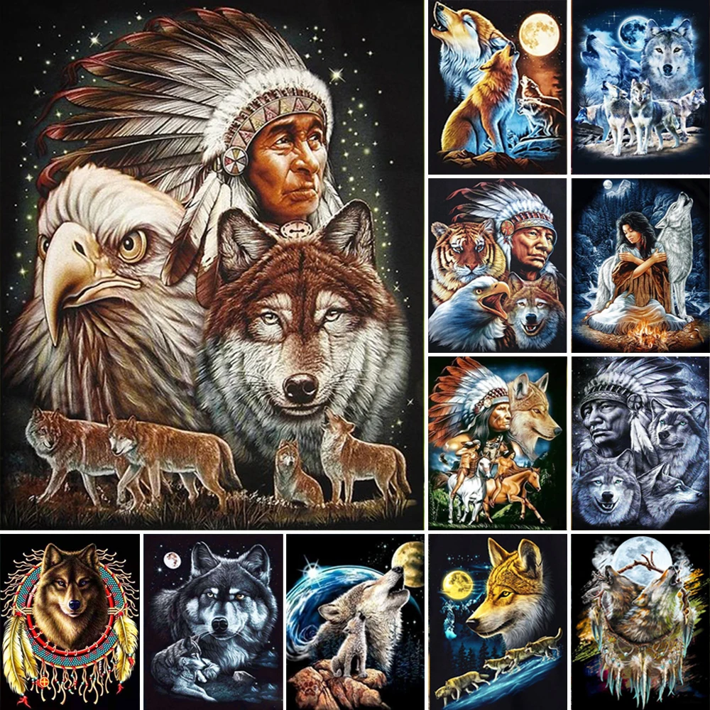 

5D DIY Diamond Painting Indians Cross Stitch Kits Home Art Diamond Embroidery Animal Wolf Mosaic Picture Rhinestones Wall Decor