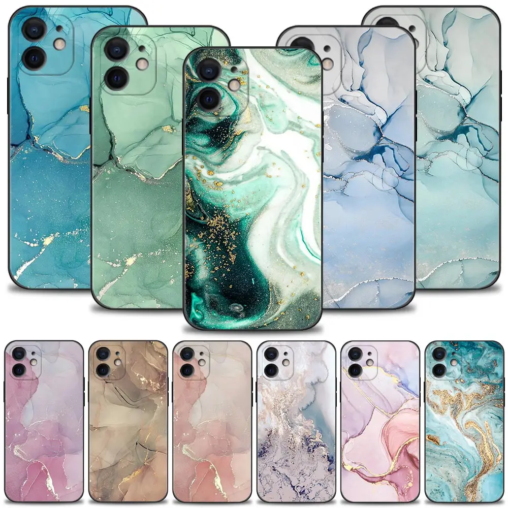 

Phone Case For iPhone 13 12 11 Pro Max XS Max XR X 7 8 Plus 12 Mini 6S 5S SE 2020 Capa Black Shell Pink Gold Marble Art Fashion