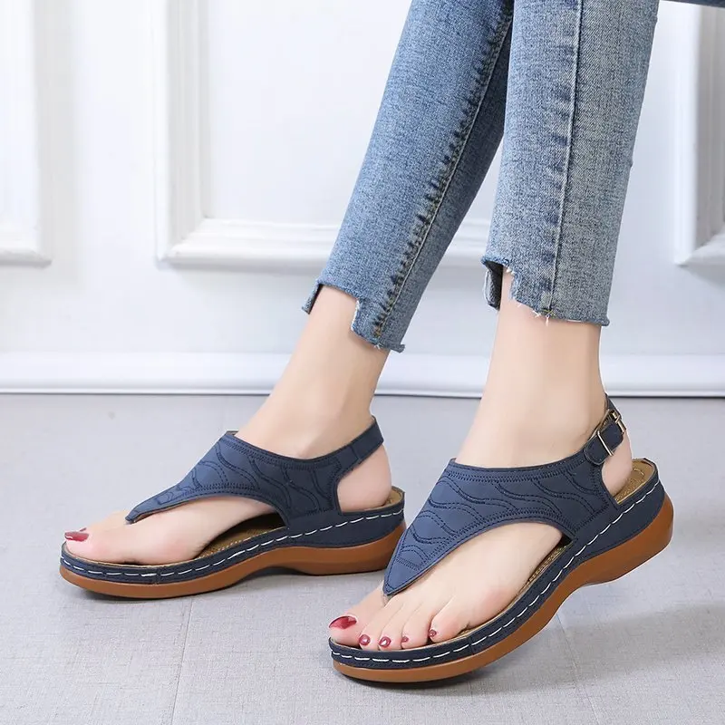 

2022 New Summer Women Strap Sandals Women's Flats Open Toe Solid Casual Shoes Rome Wedges Thong Sandals Sexy Ladies Shoes