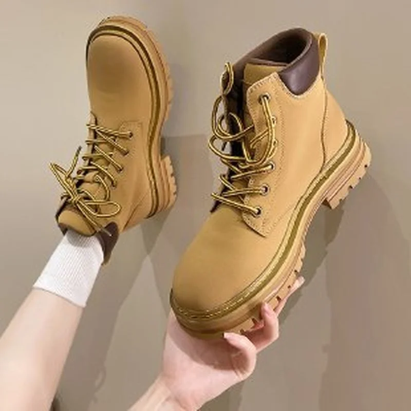 

Heels PU Leather Ankle Boots Women 2022 Autumn Round Toe Lace Up Shoes Woman Brown Thick Platform Short Boots Mujer