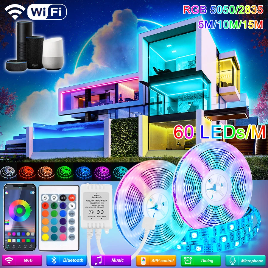 

5 м-15 м 60 Светодиодный одов/м WIFI Светодиодная лента s RGB Светодиодная лампа 5050 SMD 2835 Гибкая Водонепроницаемая лента диод Alexa управление телефон...