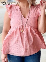 celmia summer 2022 women blouse breathable hollow out lace holiday sleeveless tunic tops vintage v neck casual peplum shirts