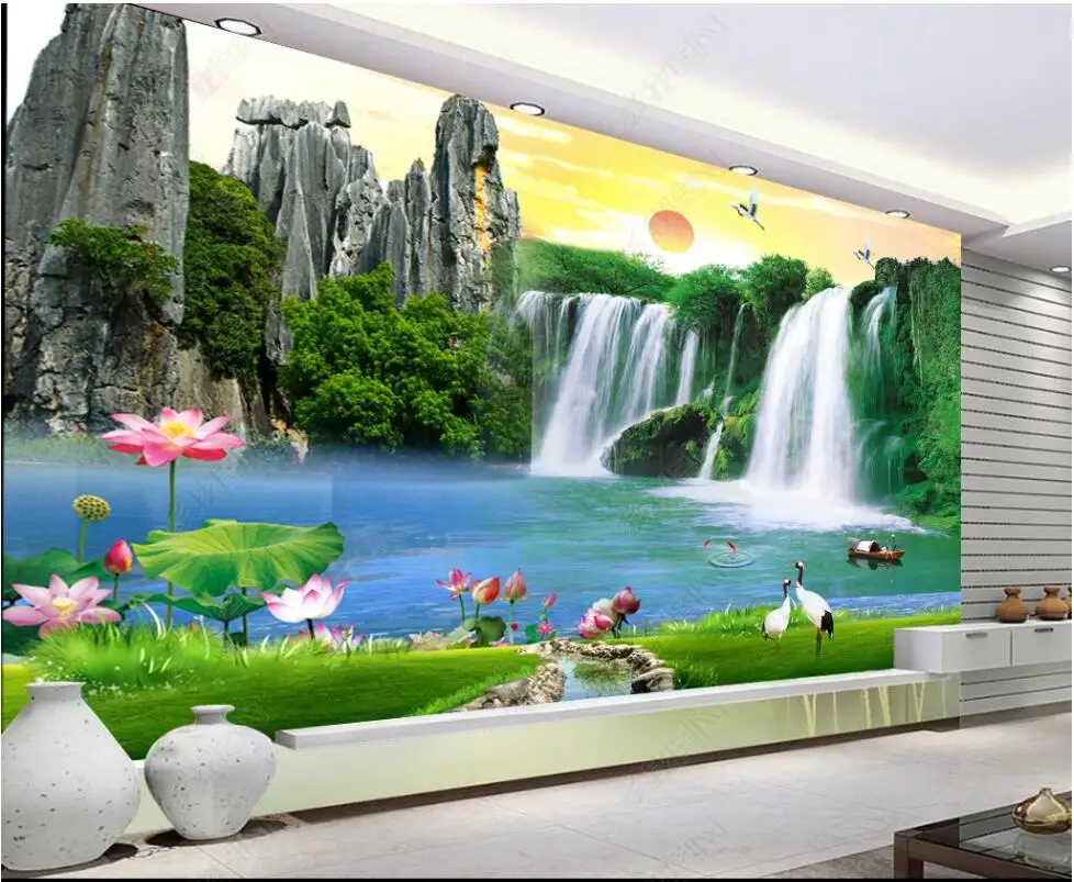 

3d photo wallpapers custom mural Mountain Waterfall Landscape Painting Lotus room home decor wallpaper for walls 3d bedroom