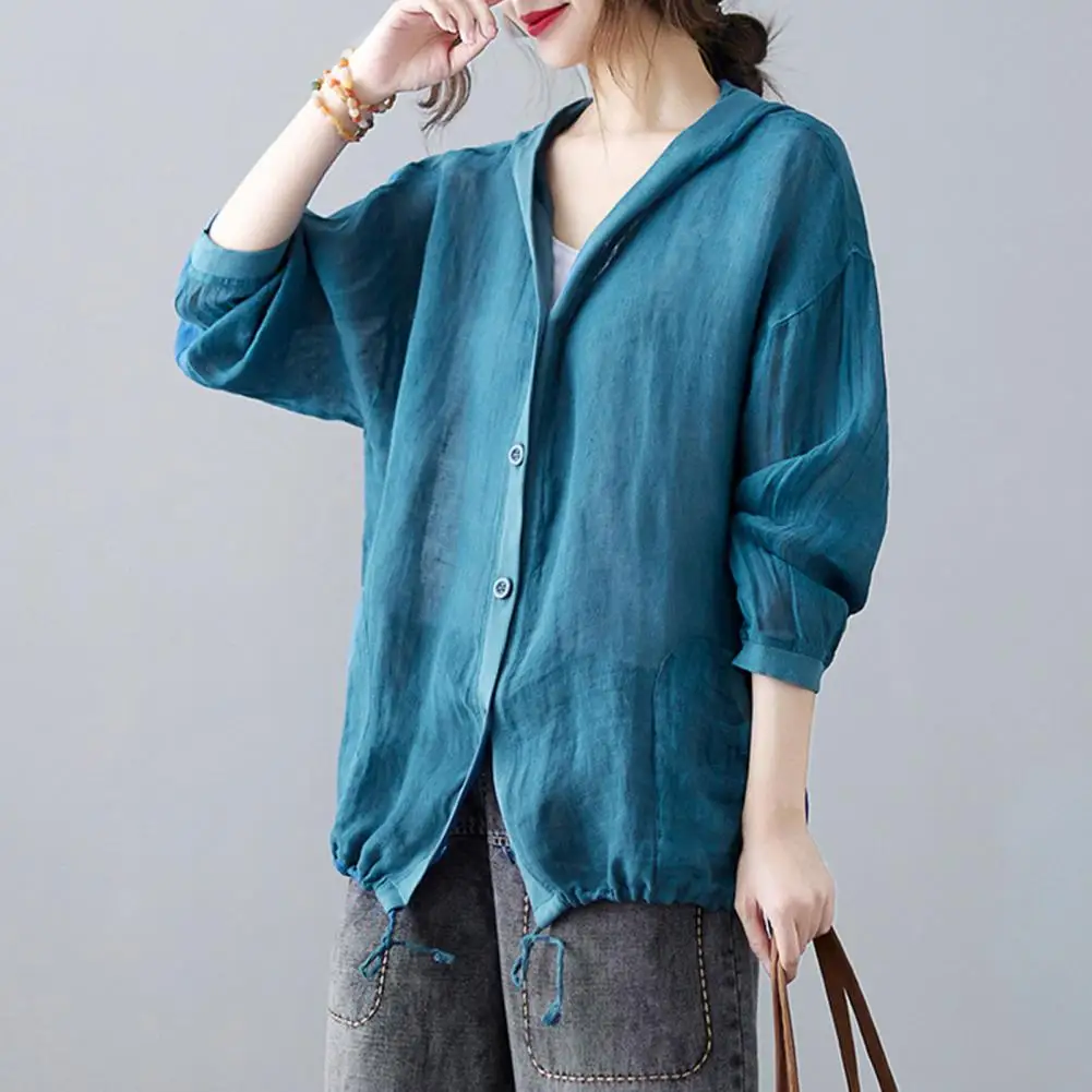 

Long Sleeve Single Breasted Drawstring Hem Breathable Thin Jacket Solid Color Hooded Sunscreen Shirt Coat Female Cardigan Top
