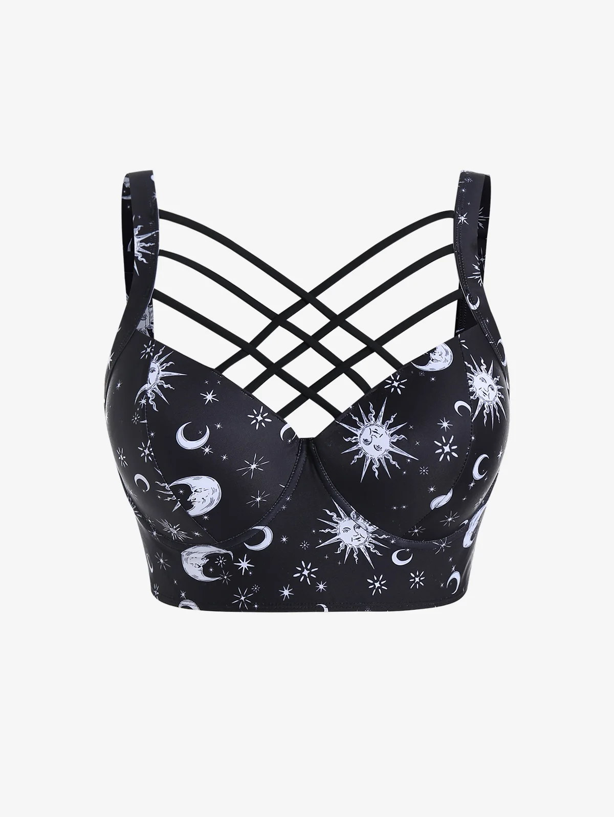 

Rosegal Plus Size Sun Moon Print Crisscross Underwire Longline Bra For Female