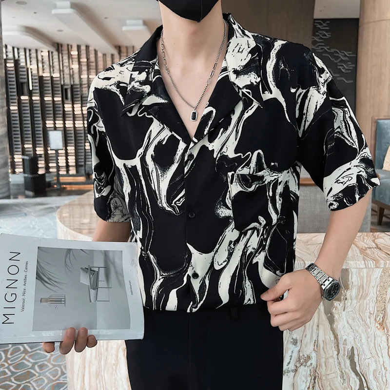 Fashion Printed Shirts Men 2022 Summer Short Sleeve Casual Loose Shirt Large Streetwear Social Oversized Lapel Tops Men Clothing